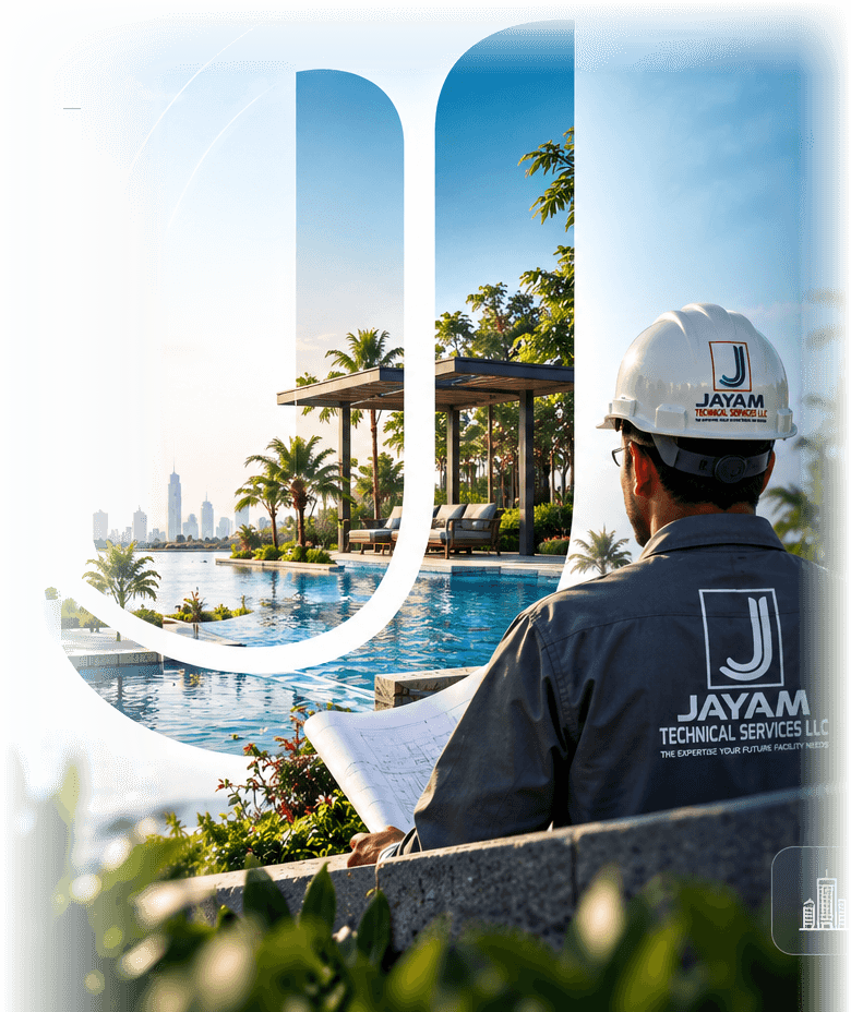 A JAYAM engineer reviewing drawings beside a landscaped resort pool, with the Dubai skyline beyond