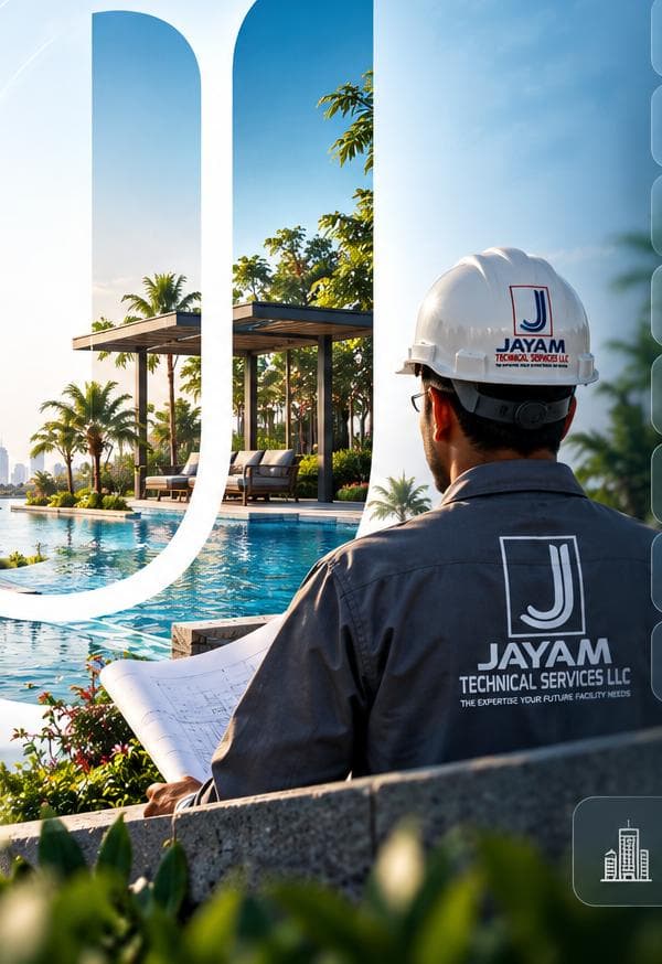 A JAYAM engineer reviewing drawings beside a landscaped resort pool in Dubai